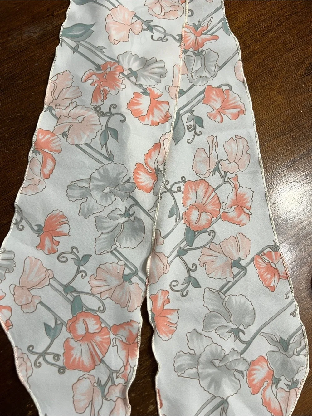 Vintage Floral Faux Silk Scarf in Coral, Gray and Cream